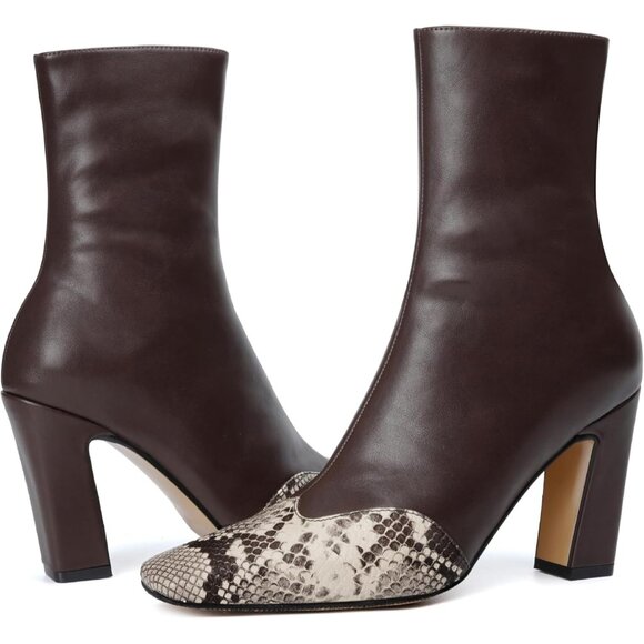 Women's Brown Ankle Boots Square Toe High Block Chunky Heel Snakeskin Booties - Picture 5 of 7